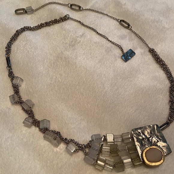 Artisan Pewter/Silver Necklace, with lucite blocks, stone in gold metal, 26” - Picture 2 of 6